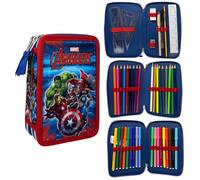 CARTOON Estuche de 3 cremalleras para la escuela completo 44 piezas de papelería bolígrafo Papermate rotuladores Giotto accesorio para niños y adolescentes, Los Vengadores, 20 x 13 x 6 cm, Estuches