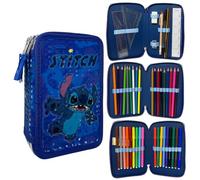 CARTOON Estuche de 3 cremalleras para la escuela completo 44 piezas de papelería bolígrafo Papermate rotuladores Giotto accesorio para niños y adolescentes, Stitch, Estuches