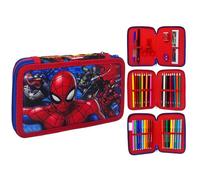 CARTOON Estuche de 3 cremalleras Spiderman Marvel completo 44 piezas para la escuela multicompartimento bolígrafos lápices colores rotuladores Giotto