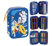 CARTOON Estuche escolar 3 cremalleras triple multicompartimento completo 44 piezas colores giotto papelería para niños, Sonic, Organizador de bolso
