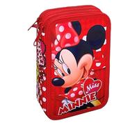 CARTOON Estuche escolar con 3 cremalleras, multicompartimento, juego de 44 piezas, colores Giotto, 20 x 13 x 6 cm, rojo, 20 x 13 x 6 Cm, Minnie