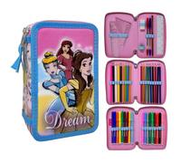 CARTOON Estuche multicompartimento con 3 cremalleras para la escuela, 44 piezas, bolígrafos, lápices de colores, rotuladores Giotto, Princesas, Estuches