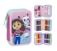 CARTOON Estuche multicompartimento estuche 3 cremalleras para la escuela completo bolígrafos lápices colores rotuladores, Gabby's Dollhouse, Estuche multicompartimento