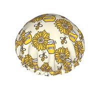 Cartoon Honey Pot Bee Sunflower Pattern Gorro de ducha y gorro de baño para mujer, gorros de ducha impermeables de gran tamaño reversibles grandes diseñados para todas las longitudes de cabello, gor