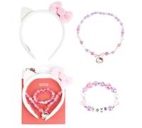 CARTOON Juego de accesorios de Hello Kitty para niña, 3 piezas, collar y pulsera con cuentas + diadema orejas Hello Kitty con lazo joyas niña Sanrio idea regalo niñas 12,5 x 19 x 2 cm