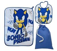 CARTOON Juego de guardería de 3 piezas, babero y mantel con reverso plastificado, bolsa, juego completo para el almuerzo, Sonic, talla unica