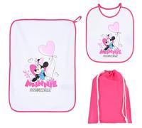 CARTOON Juego de guardería de 3 piezas, babero y mantel con reverso plastificado, bolsa, juego completo para el almuerzo, Minnie (1), talla unica