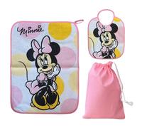 CARTOON Juego de guardería de 3 piezas, babero y mantel con reverso plastificado, bolsa, juego completo para el almuerzo, Minnie (2), talla unica