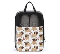 Cartoon Love Heart Pug Puppy Dog Shoe Bag with Zipper & Handle, Waterproof Breathable Portable