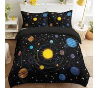 Cartoon Space - Juego de funda de edredón tamaño Super King, diseño de planetas, cielo estrellado, funda nórdica suave con cremallera de 260 x 220 cm y funda de almohada de 50 x 75 cm, para dormitorio
