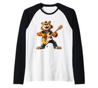 Cartoon Tiger Rock Guitarrista Tocando Guitarra Eléc Camiseta Manga Raglan