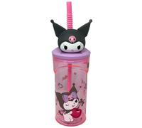 CARTOON Vaso con pajita Kuromi Sanrio 360 ml, taza reutilizable con tapa y decoración 3D, botella para niñas y niñas, antigoteo, 23 x 7,5 cm