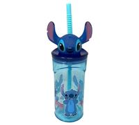 CARTOON Vaso con pajita Stitch Disney 360 ml taza reutilizable con tapa y figura 3D botella para niños y adolescentes antigoteo 23 x 7,5 cm