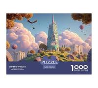 Cartoon Vector-Style Landscape 1000 Pcs Cartón Rompecabezas Surreal Sky City Tower Liberador De Estrés Juego Familiar Puzzle para Adultos Y Niños 70x50cm/1000pcs