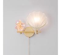 Cartoon Wall Sconce Lighting White Shell Glass Wall Lamp with Pull Chain Switch, Nordic Gold Room Decor Wall Light Fixture Pearl String Decorat For Girl Room Bedroo
