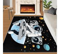 Cartoons Kids Room Rug - Musical Astronauta Space Carpet Colorido Planet Carpet para Dormitorio Estilo Moderno Dibujos Animados Black Carpet (160x230cm)