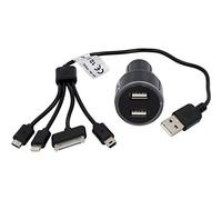 Cartrend 10525 - Cargador USB para Coche (4 en 1, 12/24 V, con Anillo de luz Azul), Color Negro