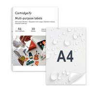 Cartridgeify 30 hojas A4 de vinilo adhesivo de papel adhesivo imprimible, blanco, autoadhesivas, resistentes al agua, etiquetas de vinilo para impresora láser de inyección de tinta