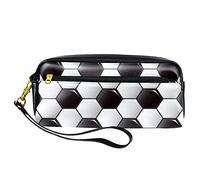 Cartuchera Estuche para Lápices de Fútbol Negro y Blanco de Piel Sintética con Cremallera para Niños y Niñas, Suministros Escolares y de Oficina