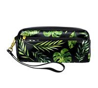Cartuchera Estuche para Lápices de Hojas Verdes y Negras Tropicales, de Piel Sintética, con Cremallera, Utiles Escolares para Niños y Niñas