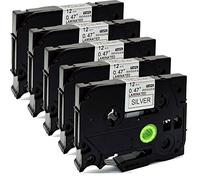 Cartucho de cintas de colores de 12 mm x 8 m, compatible con Brother P-Touch Tze y Tz, pack de 5 unidades , color TZe-931 Black on Silver