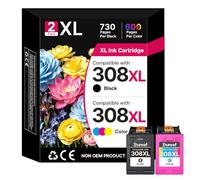Cartuchos de tinta 308XL 308 XL de repuesto para HP 308, color negro y color XL para impresora HP Envy 6120e, 6100e, 6132e 6122e para HP Deskjet 2922, 2900, 2910 (paquete de 2 unidades, negro tricolor