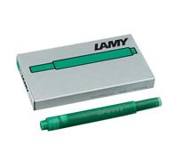 Cartuchos de tinta LAMY T10 con gran capacidad de tinta, aptos para todos los modelos de plumas estilográficas LAMY. Contenido: 1,25 ml por cartucho. 5 unidades por paquete. Color de la tinta: verde