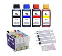 Cartuchos de tinta recargables compatibles con Epson T16 XL - T1631, T1632, T1633, T1634 + 4 x 100 ml de tinta de recarga para Workforce WF-2010, 2510, 2520, 2530, 2540, 2630, 2650, 2660, 2660 750, 2