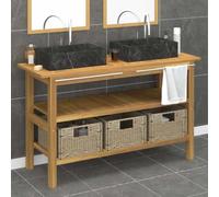 Cartvyn Lavabo con lavabo de mármol negro, mueble de madera maciza de teca con 3 cestas, espacio de almacenamiento, estante, toallero, mueble de baño para baño, inodoro de invitados, montaje en pared