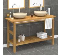 Cartvyn Mueble de baño de madera maciza de teca con 2 lavabos de mármol crema, 132 x 45 x 75 cm, mueble de baño con espacio de almacenamiento, toallero y estante, ideal para baño, aseo de invitados y