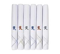 Caruso Italy Pañuelo bordado inicial Monograma R 100% algodón puro, base blanca con borde de color, paquete de 6, R, 46