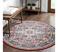 Carvapet Lavable Alfombras Redondas 150cm Antideslizante Fina Roja Alfombra Círculo Redondeada Medallón Retro Impreso Alfombras de área Salón Dormitorio