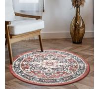 Carvapet Lavable Alfombras Redondas 90cm Antideslizante Fina Roja Alfombra Círculo Redondeada Medallón Retro Impreso Alfombras de área Salón Dormitorio