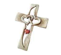 Carved Wooden Cross with Hollow Intertwined Hearts Hanging Love Couple Family Wall Decor