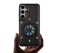 Carveit Antigolpes Funda Compatible Samusng S25 [Grabado en Madera e incrustación de mejillones] con Madera y Silicona Híbrido Galaxy S25 Carcasa (Madera Oscura-Das Vegvissir Des Wickinger)