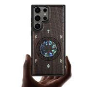 Carveit Antigolpes Funda Compatible Samusng S25 Ultra [Grabado en Madera e incrustación de mejillones] con Madera y Silicona Híbrido Galaxy S25 Ultra Cover (Madera Oscura-Das Vegvissir Des Wickinger)