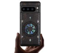 Carveit Carcasa para Google Pixel 8 Pro [Madera Funda+incrustación de mejillones] Compatible Carga inalámbrica Pixel 8 Pro Antigolpes Cover(Madera Oscura-Das Vegvissir Des Wickinger)