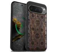 Carveit Funda Madera para Pixel 9 Pro Compatible con MagSafe [Madera y Silicona Híbrido] Protectora Antigolpes para Pixel 9 Pro Magnética Carcasa (Nogal-Sugar Skull Bloom)