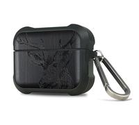 Carveit Funda para AirPods Pro 3, Madera y Silicona Híbrido para AirPods Pro 3 Carcasa con Mosquetón de Titanio Incluido (Madera Oscura-Cabeza de venado)