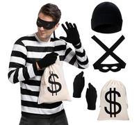 CARxlythic 4 Piezas Disfraz de Ladrón, Accesorios de Vestido de Ladrón, Bolsa de Dinero de Dólar Máscara de ojos de Bandido Gorro de Punto y Guantes para Niños Halloween Disfraz de Ladrón de Fiesta