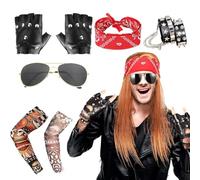 CARxlythic 5 Piezas Disfraces de Rock Accesorios, Rockero Accesorios, Punk Runk Gótico Rockero Kitcon Guantes Gafas de sol Mangas de tatuaje Pulsera, Adulto Fiesta Del Año 70 80 90