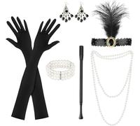 CARxlythic Accesorios Años 20 Mujer, 5 Piezas Complementos con Headband, Collar, Pendientes, Guantes Negros Largos, Barra de humo, Great Gatsby Accesorios, para Halloween, Navidad, Carnaval