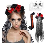 CARxlythic Diadema de Halloween, Velo con Flores Rosas, Corona de Flores, Bufanda de reina del baile zombie,Tocado Mexicanas con 10 tatuajes temporales para Fiestas de Disfraces, Día de los Muertos