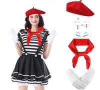 CARxlythic Disfraz de carnaval pantomime para mujer y hombre, boina roja, paños rojos, guantes blancos, tatuaje facial, mujer y hombre, disfraz de carnaval, fiesta temática