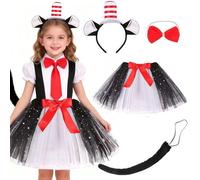 CARxlythic Disfraz de Gato de 4 Piezas para Niños, Disfraz de Gato con Diadema de Orejas de Gato, Cola, Falda Tutú Negra y Pajarita, Ideal para Juegos de Rol de Animales