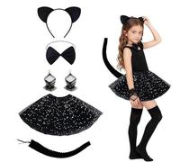 CARxlythic Disfraz Gato Niña, Disfraz Carnaval Niño con Orejas de Gato, Pajarita, Cola, Guantes de Gato y Tutú de tul Negro para Carnaval de Disfraces Niña