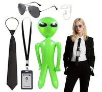 CARxlythic Juego de accesorios de disfraz de agente, kit de traje de guardia de seguridad secreta con lentes de sol, auriculares, corbatas, tarjeta de identificación, alienígenas verdes inflables para