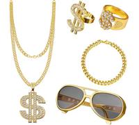 CARxlythic Juego de Accesorios de Hip-Hop de 5 Piezas, Accesorios de Rapero de los 80s y 90s, Pulsera de Cadena de Oro Falsa, 2 Anillos de Hip-Hop, Collar de Signo de Dólar Falso, Gafas