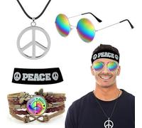 CARxlythic Juego de Disfraz Hippie para Mujer y Hombre, Conjunto Con Gafas Símbolo de la Paz Collar Diadema Pulseras, Accesorios para Carnaval Fiesta