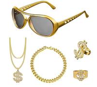 CARxlythic Kit De Disfraz De Hip Hop Para Mujeres Y Hombres De Los AñOs 80/90, Conjunto De Accesorios De GáNgster De Rapero, Disfraz Con Signo De Y Collar De Signo De DóLar, Trajes De Anillo